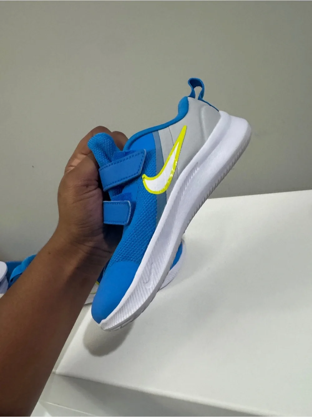Nike Kids Blue and Neon Yellow Velcro Sneakers
